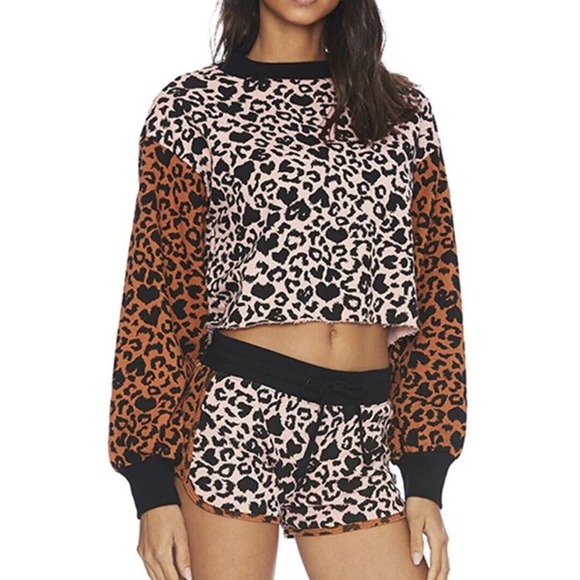 Beach Riot Ava Love Leopard Sweatshirt Cropped Women Size Medium Pink Colorblock - Picture 1 of 7